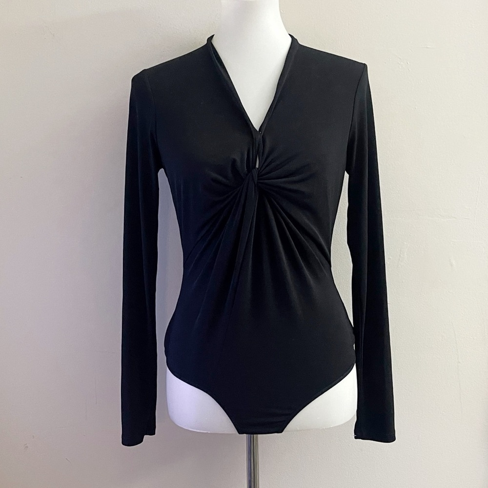 Boston Proper Black Ruched Bust Bodysuit Chic Office Business Casual